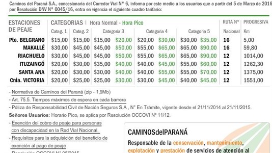 En la web de Caminos del Paraná están publicadas las nuevas tarifas